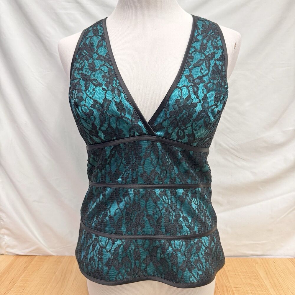 Alex Evenings Floral Lace Top Size M Teal Black Satin Lined Padded Corset Style